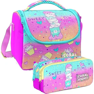 Coral High Renkli Dondurmalı Kedi Desenli Kız Çocuk Isı Yalıtımlı Beslenme Çantası ve Kalemlik Seti
