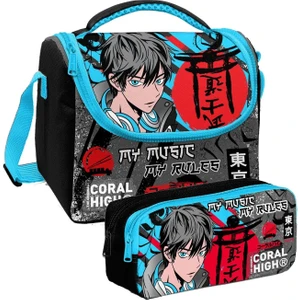 Coral High Siyah Mavi Anime Desenli Erkek Çocuk Isı Yalıtımlı Beslenme Çantası ve Kalemlik Seti