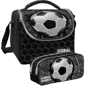 Coral High Siyah Futbol Desenli Erkek Çocuk Isı Yalıtımlı Beslenme Çantası ve Kalemlik Seti