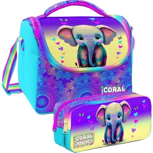 Coral High Pembe Turkuaz Fil Desenli Kız Çocuk Isı Yalıtımlı Beslenme Çantası ve Kalemlik Seti