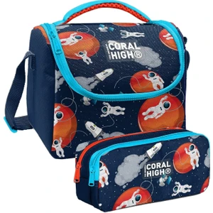 Coral High Lacivert Mavi Astronot Desenli Erkek Çocuk Isı Yalıtımlı Beslenme Çantası ve Kalemlik Seti