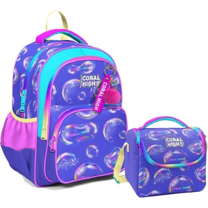 Coral High Üç Gözlü Ilkokul Çantası ve Beslenme Çantası - Lavanta Pembe Baloncuk Desenli - Kız Çocuk