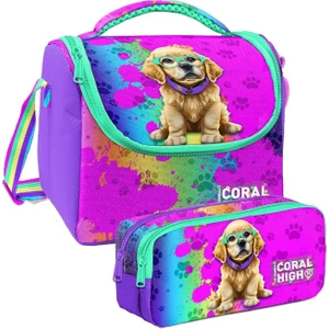 Coral High Mor Pembe Köpek Desenli Kız Çocuk Isı Yalıtımlı Beslenme Çantası ve Kalemlik Seti