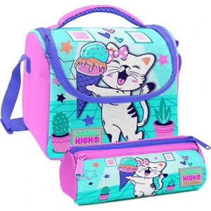 Coral High Turkuaz Pembe Dondurmalı Kedi Desenli Kız Çocuk Isı Yalıtımlı Beslenme Çantası ve Kalemlik Seti