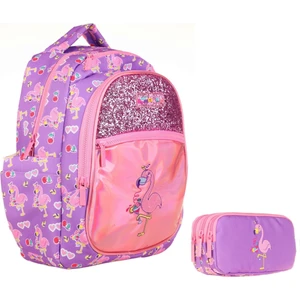 Aynalı Taşlı Flamingo Okul Sırt Çantası ve Kalemlik Seti - Kız Çocuk