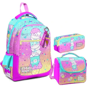 Coral High Kız Çocuk Üç Gözlü Ilkokul Çanta Seti - Renkli Dondurmalı Kedi Desenli
