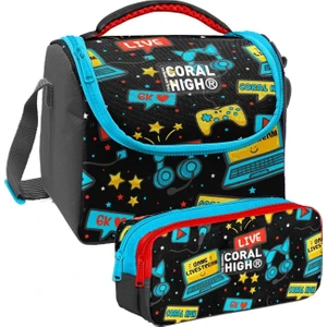 Coral High Siyah Mavi Gamer Desenli Erkek Çocuk Isı Yalıtımlı Beslenme Çantası ve Kalemlik Seti