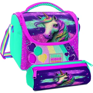 Coral High Pembe Su Yeşili Unicorn Desenli Kız Çocuk Isı Yalıtımlı Beslenme Çantası ve Kalemlik Seti