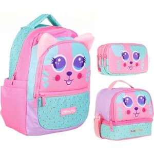 Yeşil Pembe Sevimli Kedi Üçlü Ilkokul Okul Çanta Seti - Kız Çocuk