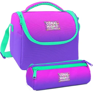 Coral High Pembe Mor Renk Geçişli Desenli Kız Çocuk Isı Yalıtımlı Beslenme Çantası ve Kalemlik Seti