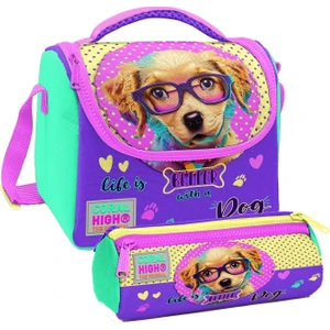 Coral High Sarı Pembe Sevimli Köpek Desenli Kız Çocuk Isı Yalıtımlı Beslenme Çantası ve Kalemlik Seti