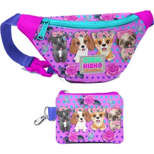 Coral High Kız Çocuk Pembe Köpek Desenli Bel Çantası ve Bozuk Para Cüzdanı Set