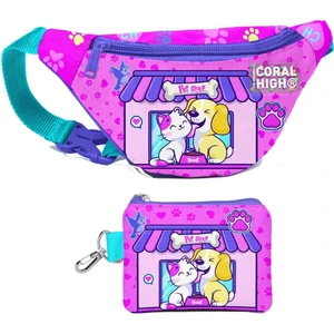 Coral High Kız Çocuk Kedi Köpek Desenli Bel Çantası ve Bozuk Para Cüzdanı Set