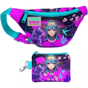 Coral High Kız Çocuk Mor Pembe Anime Kedi Desenli Bel Çantası ve Bozuk Para Cüzdanı Set