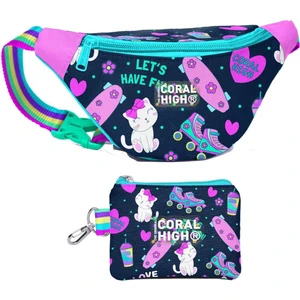 Coral High Kız Çocuk Lacivert Pembe Kedili Desenli Bel Çantası ve Bozuk Para Cüzdanı Set