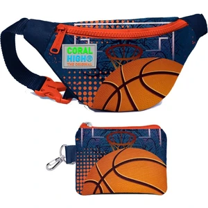 Coral High Erkek Çocuk Turuncu Lacivert Basketbol Desenli Bel Çantası ve Bozuk Para Cüzdanı Set