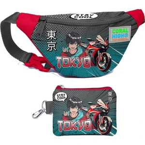 Coral High Erkek Çocuk Gri Nefti Anime Motorsiklet Desenli Bel Çantası ve Bozuk Para Cüzdanı Set