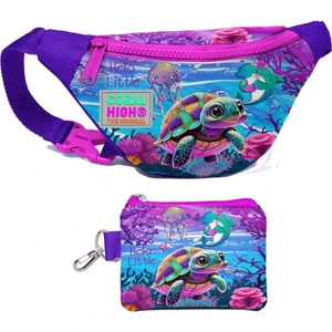 Coral High Kız Çocuk Pembe Mor Kaplumbağa Desenli Bel Çantası ve Bozuk Para Cüzdanı Set