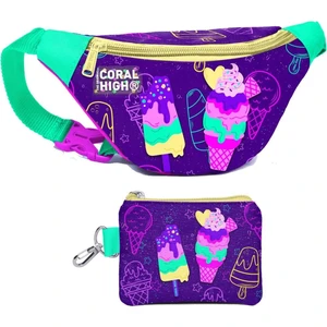 Coral High Kız Çocuk Mor Pembe Dondurma Desenli Bel Çantası ve Bozuk Para Cüzdanı Set