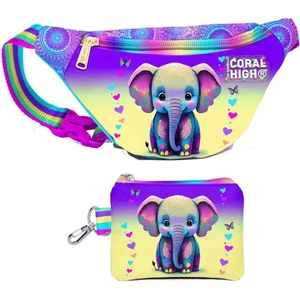 Coral High Kız Çocuk Pembe Turkuaz Fil Desenli Bel Çantası ve Bozuk Para Cüzdanı Set