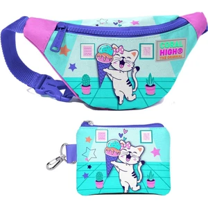 Coral High Kız Çocuk Turkuaz Pembe Dondurmalı Kedi Desenli Bel Çantası ve Bozuk Para Cüzdanı Set
