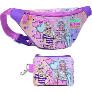 Coral High Kız Çocuk Pembe Mor Fashion Girl Desenli Bel Çantası ve Bozuk Para Cüzdanı Set