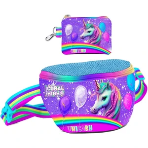 Coral High Kız Çocuk Mor Simli Unicorn Desenli Bel Çantası ve Bozuk Para Cüzdanı Set