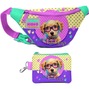 Coral High Kız Çocuk Sarı Pembe Sevimli Köpek Desenli Bel Çantası ve Bozuk Para Cüzdanı Set