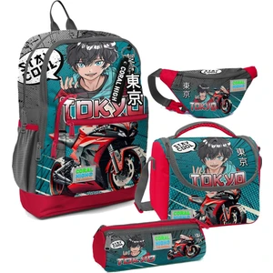 Coral High Erkek Çocuk Gri Nefti Anime Motorsiklet Desenli Ilkokul Okul Çanta Seti ve Bel Çantası