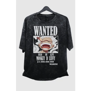 Unisex One Piece Monkey D. Luffy Eskitme Tişört, Oversize Anime Baskılı Yıkamalı T-Shirt