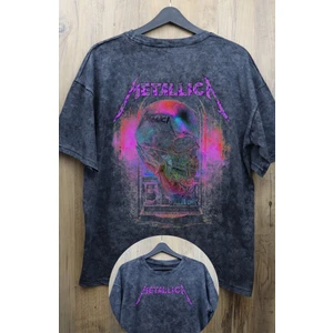 Unisex Kuru Kafa Mor Metallica Sırt Baskılı Yıkamalı Tişört, Oversize Rock-Metal Baskılı T-Shirt