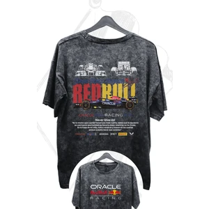 Unisex Oracle Redbull Racing Team Sırt Baskılı Yıkamalı Tişört, Oversize F1 Baskılı Retro T-Shirt