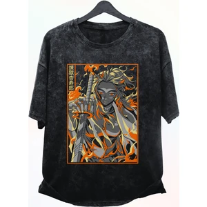 Fuddy Moda Oversize Demon Slayer Rengoku Kyojuro Baskılı Yıkamalı T-Shirt, Unisex Anime Baskılı Retro Tişört