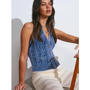 60234 Soluk Efektli V Halter Yaka Düğmeli Triko Yelek-Indigo