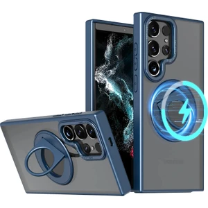 Samsung Galaxy S24 ile Uyumlu Kılıf 360° Dönen Magstand Kılıf Yüzüklü Parmak Geçmeli Stand Olabilen 2mm Çıkıntı Kamera Koruma Magsafe ile Uyumlu Matte Ring Kapak Dark Blue
