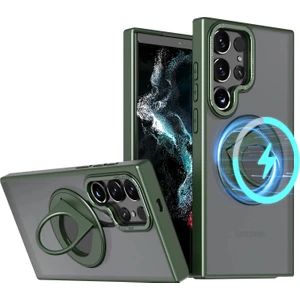 Samsung Galaxy S24 Plus ile Uyumlu Kılıf 360° Dönen Magstand Kılıf Yüzüklü Parmak Geçmeli Stand Olabilen 2mm Çıkıntı Kamera Koruma Magsafe ile Uyumlu Matte Ring Kapak Green