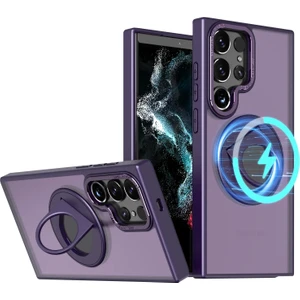 Samsung Galaxy S24 Ultra ile Uyumlu Kılıf 360° Dönen Magstand Kılıf Yüzüklü Parmak Geçmeli Stand Olabilen 2mm Çıkıntı Kamera Koruma Magsafe ile Uyumlu Matte Ring Kapak Purple