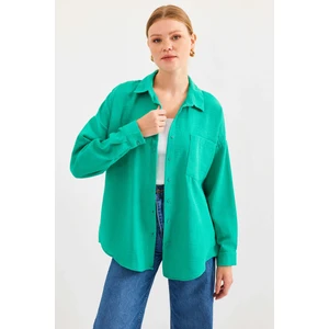 Kadın Su Yeşil Tek Cepli Oversize Keten Ayrobin Gömlek HZL24S-BD1201531