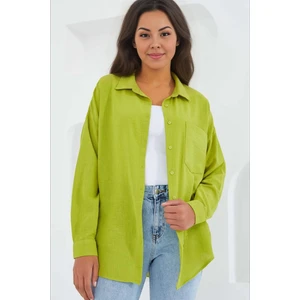 Kadın Fıstık Yeşil Tek Cepli Oversize Keten Ayrobin Gömlek HZL24S-BD1201531