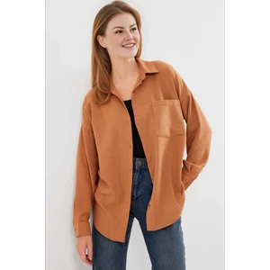 Kadın Camel Tek Cepli Oversize Keten Ayrobin Gömlek HZL24S-BD1201531