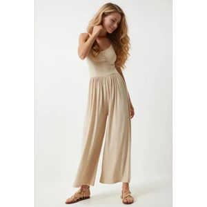 Kadın Krem Ayarlanabilir Askılı Beli Lastikli Bol Paça Yazlık Örme Tulum HZL24S-BD170291