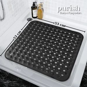 | Banyo Duş Için Vantuzlu Kaydırmaz, Su Drenajlı, Masaj Noktalı Paspas - Mat Siyah - 53X53CM