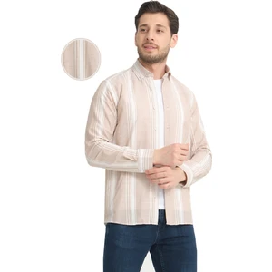 Erkek Taba Beyaz Çizgili Cepsiz Keten Efektli Geniş Kesim Uzun Kollu Gömlek