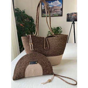 Double Knot Design Bailey 2li Takım Plaj Çantası , El Çantası Clutch, Totebag, Kadın Çanta, Yazlık, Hediyelik, hasır Jüt Tress
