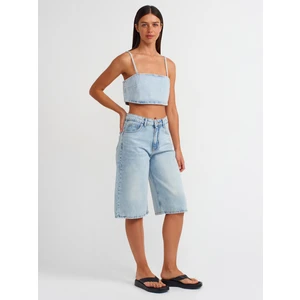 71675 Dökümlü Kumaş Denim Kapri-Mavi