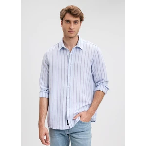 Keten Karışımlı Çizgili Mavi Gömlek  0211142-70813