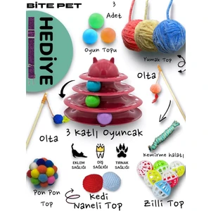 Bite Pet 11+1 Kedi Oyuncak Seti:3 Katlı Oyuncak 60 cm Olta Ponpon Top Kedi Naneli Top