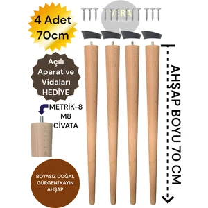 Vera Hediyelik Eşya 4'lü 70 cm Doğal Ahşap Konik Masa Ayağı Sehpa Ayağı  Ahşap Ayak (Aparat ve Vida Dahil) 3301000000811