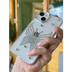 Paladyum Case iPhone 15 Uyumlu Gümüş Taşlı Kelebek Desenli Şeffaf Kılıf