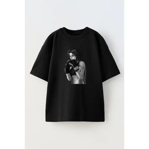 Nmg Tekstil Unisex Siyah Oversize Pamuk Anime Boksör Kız Baskılı Örme T-Shirt